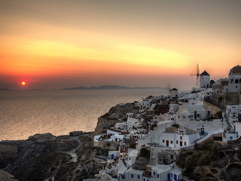 Oia sunset, greece, windmill, sun, orange, houses, ocean, bonito, sunset, sea, mountain, santorini, hill, HD wallpaper