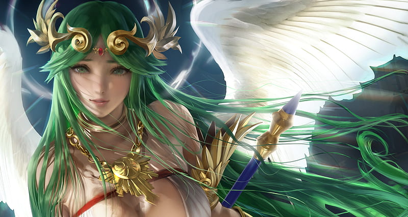 Palutena, wings, fantasy, green, girl, luminos, sakimichan, white, angel, HD wallpaper