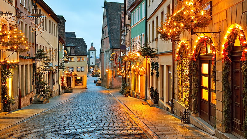 Rothenburg ob der Tauber, Christmas, holiday, decoration, village, Germany, street, lights, winter, HD wallpaper