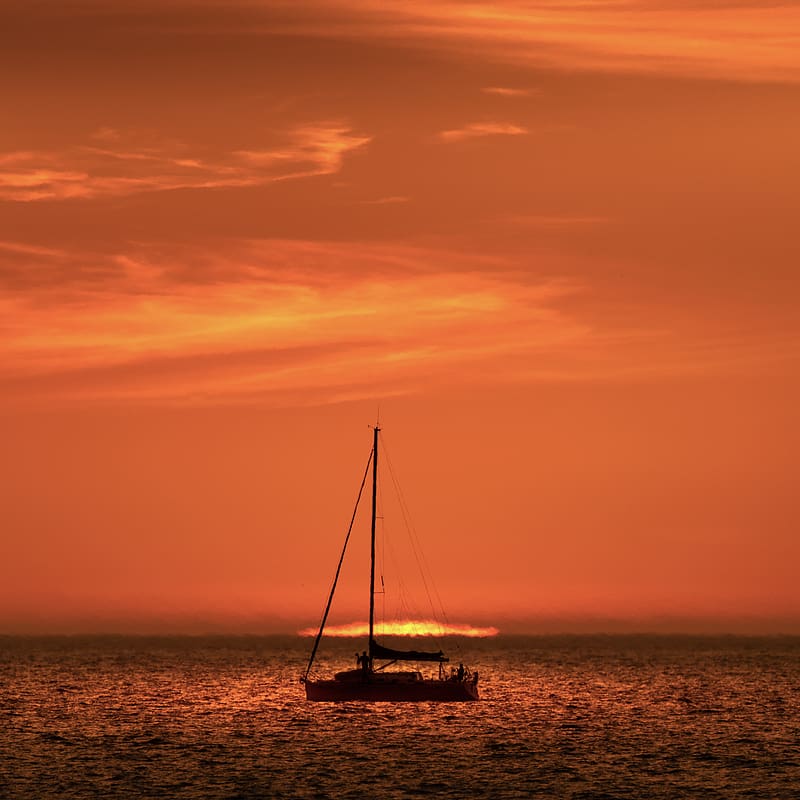 boat, mast, sea, sunset, dark, HD phone wallpaper
