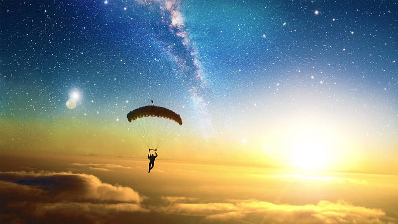 Parachute jump, stars, cloud, space, sky, fly, parachute, human, air, people, jump, blue, HD wallpaper