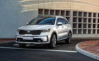 2021, Kia Sorento, front view, exterior, white suv, new white Sorento, luxury car, korean cars, Kia, HD wallpaper