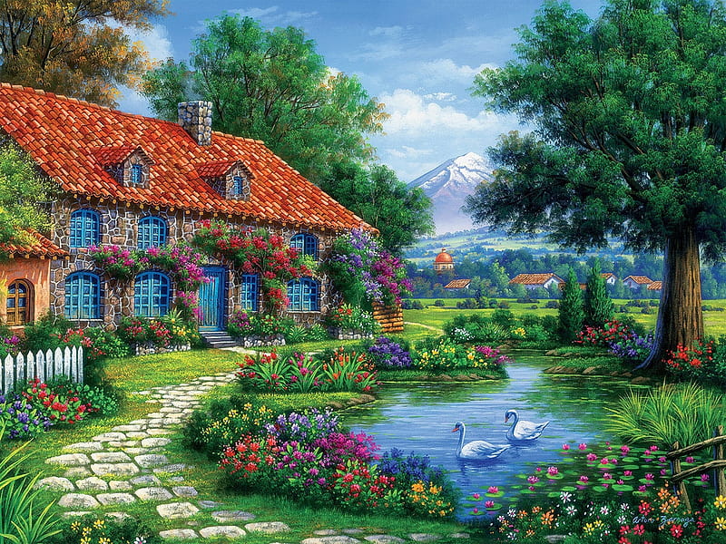 Cottage, painting, swan, lake, tree, HD wallpaper