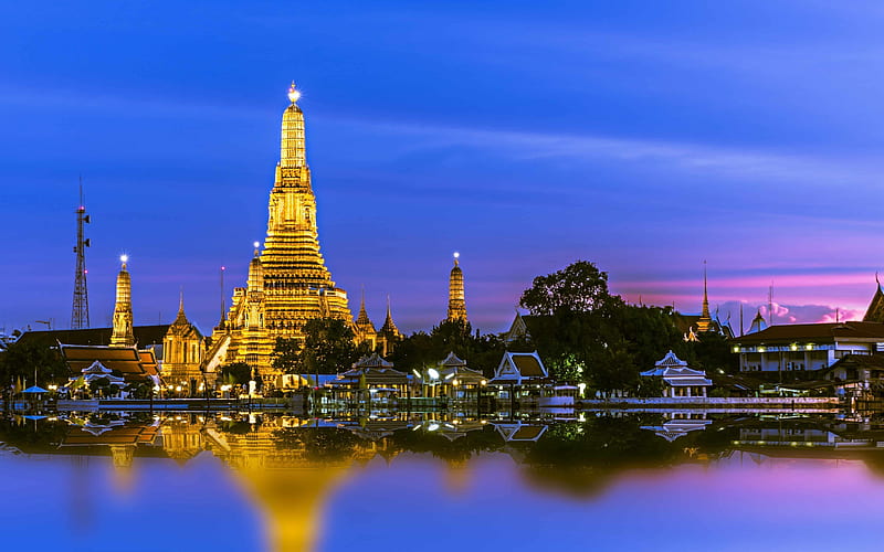 Temple of Dawn, Buddhist temple pagoda, river Chauphraya, sunset, Wat Arun, Bangkok, Thailand, HD wallpaper