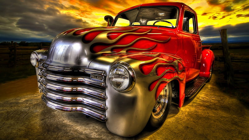 Hot Truck, Orange, Sky, Grill, Running Board, Flames, Cab, Red, Yellow Blue, dark, Silver, Clouds, HD wallpaper