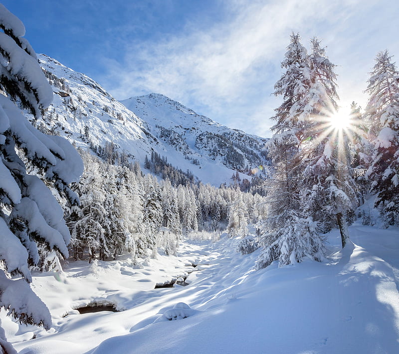 Winter Sun, beautiful background, mountains, nature, snow, sun, white, winter, HD wallpaper