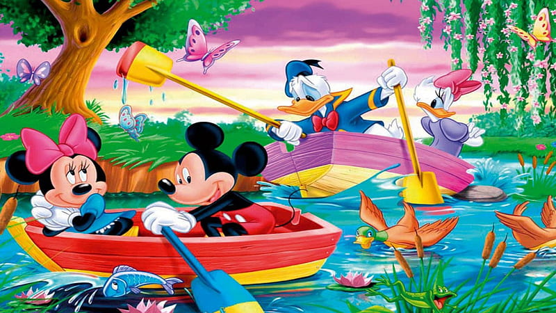 Mickey Mouse Donald Duck River Boat Rowing Purple Sky Cartoon, HD wallpaper