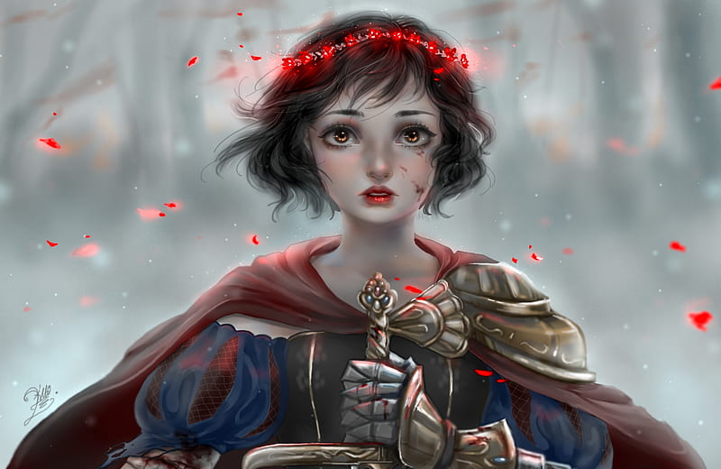 Snow White's War, sword, red, fantasy, guerra, girl, snow white, kalisami, HD wallpaper