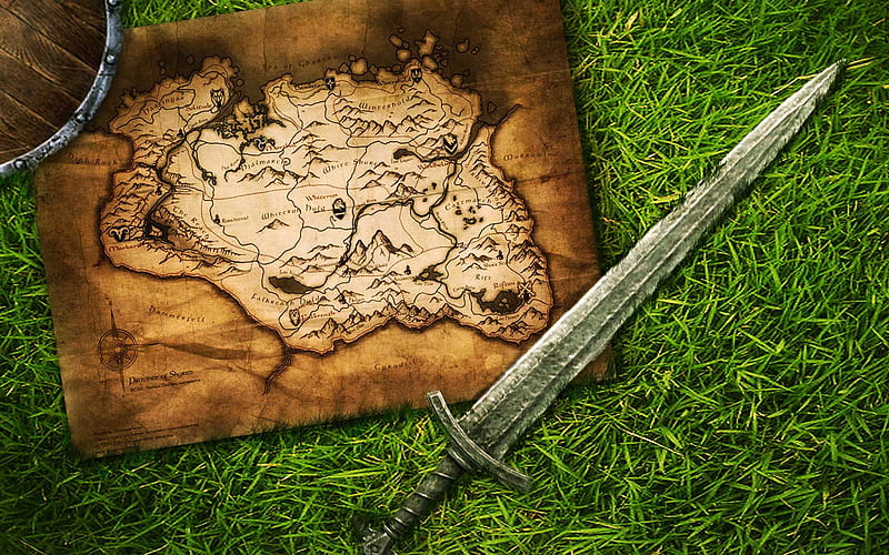 Skyrim Sword, cgi, game, skyrim, sword, map, HD wallpaper