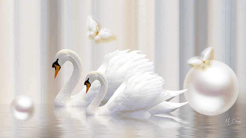 Swans Pearls & Butterflies, Firefox theme, lakes, tranquil, serene, butterflies, pearls, white, swans, HD wallpaper