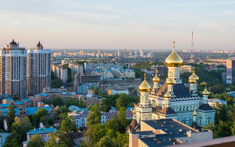 Kiev, Ukraine, Kiev, Ukraine, church, houses, domes, HD wallpaper