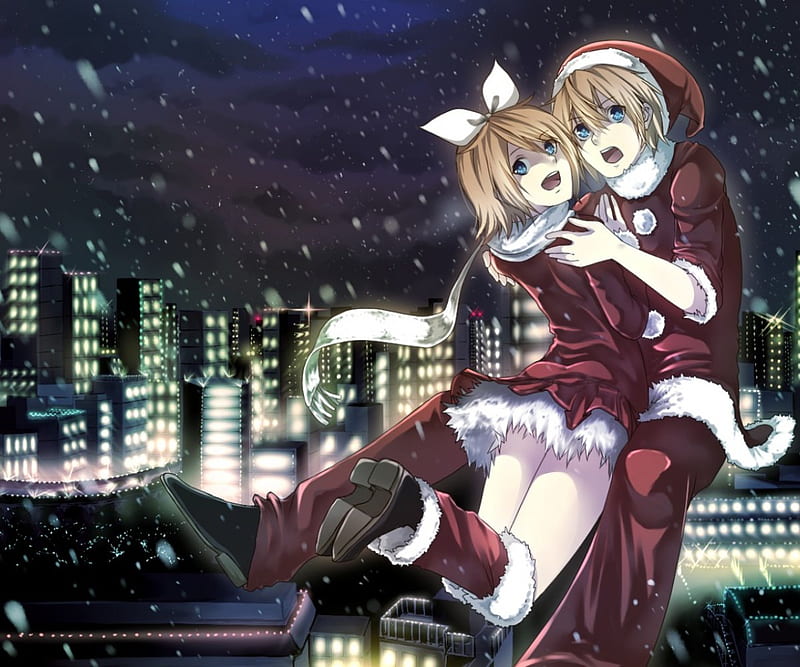 Merry Christmas!!!, vocaloid, christmas, blonde, short hair, city, len and rin kagamine, snow, anime, blue eyes, twins, friends, HD wallpaper