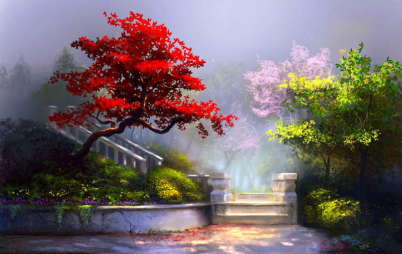 ..Splendid Garden with Stairs.., colorful, gardening, stairs, attractions in dreams, bonito, digital art, seasons, paintings, scenery, drawings, lovely, colors, love four seasons, creative pre-made, spring, trees, plants, nature, HD wallpaper