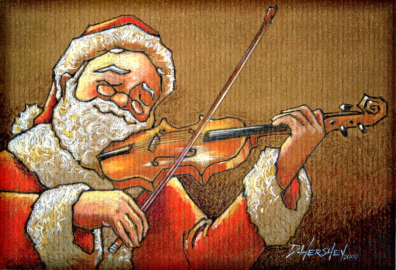 Santa's song for Christmas, red, art, violin, christmas, melody, deborah hershey, santa claus, song, painting, white, HD wallpaper