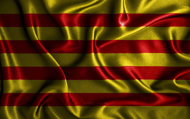 Catalonia flag silk wavy flags, Communities of Spain, Flag of Catalonia, fabric flags, 3D art, spanish communities, Catalonia, Spain, Catalonia 3D flag, HD wallpaper