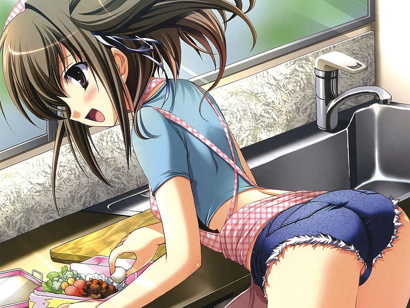 in the kitchen, girl, cooking, shorts, apron, sexy, bento, HD wallpaper