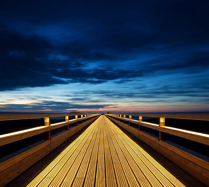 Bridge, landscape, pier, straight , sunset, HD wallpaper