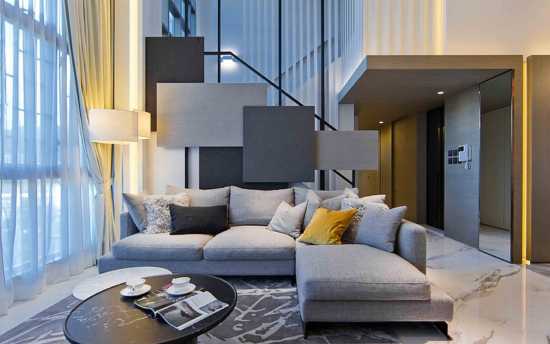 hall stylish interior, modern apartment, sofa, modern design, interior idea, HD wallpaper