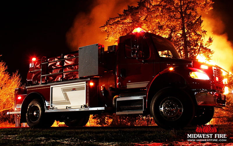 Midwest Fire Hard At Work, fire, truck, trees, midwest, HD wallpaper