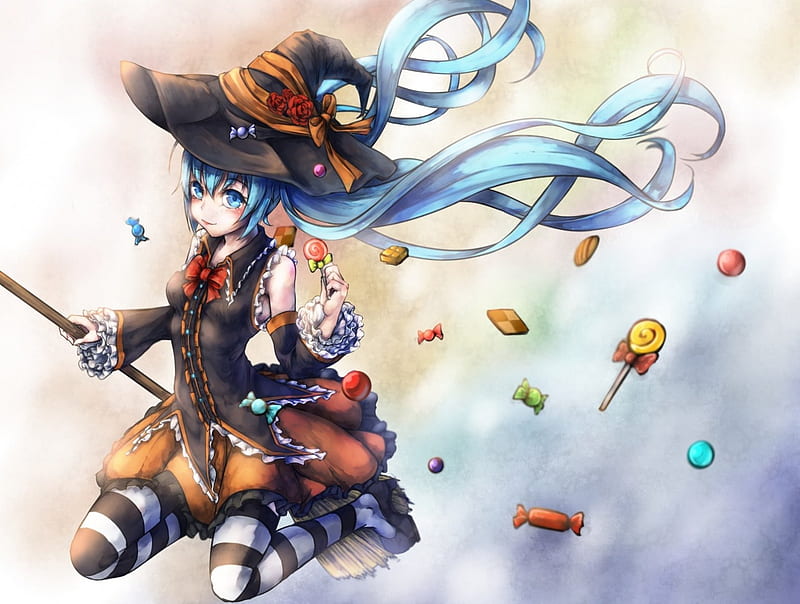 It's Raining Candy!!, vocaloid, witch, candy, hatsune miku, halloween, blush, broom, hat, blue hair, anime, flying, blue eyes, long hair, HD wallpaper
