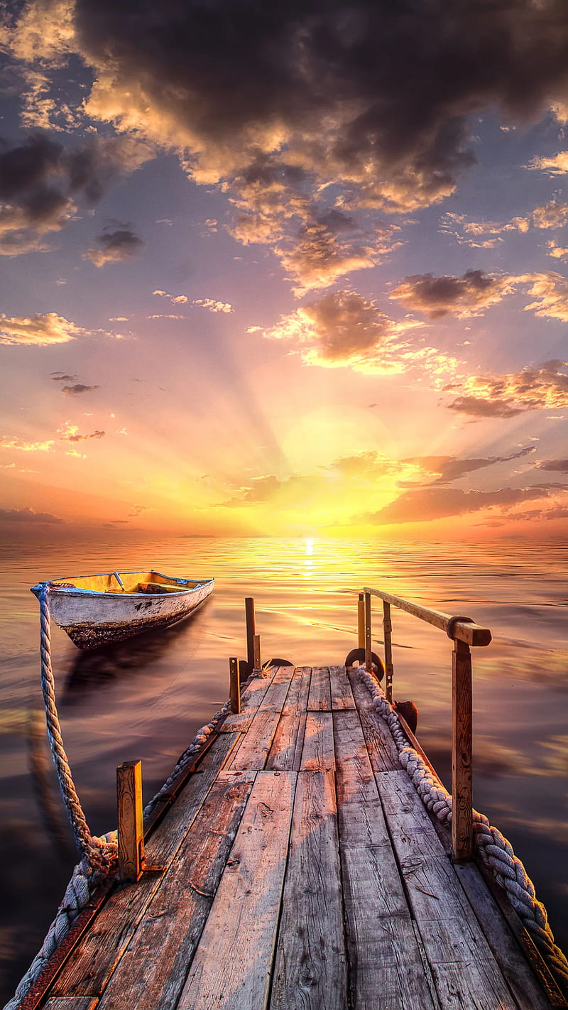 beautiful sunset, beach, boat, clouds, dock scenes, sea, sky, wooden, HD phone wallpaper