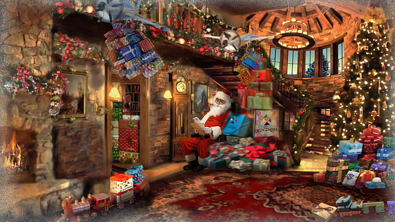 Sorting gifts, red, santa, tree, fantasy, christmas, craciun, denis zagaynov, room, man, HD wallpaper