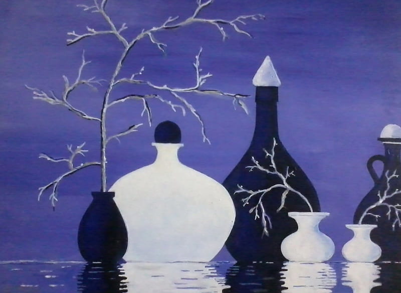 still life painted by saad kilo, art, still life, paintings, oil paintings, vases, color, blue, HD wallpaper