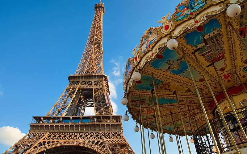 Eiffel Tower, Paris, carousel, blue sky, Paris Landmark, Capital of France, Eiffel Tower against the sky, France, HD wallpaper