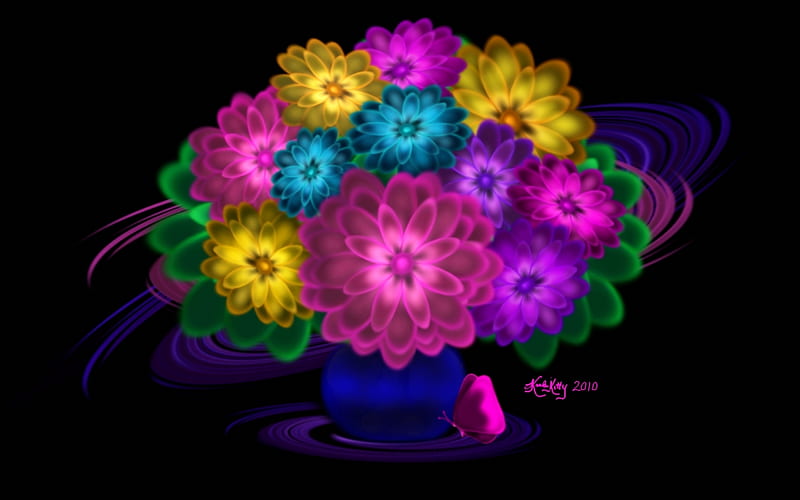 Daisies in a Vase, yellow, vase, lavender, teal, floral, digital paint, butterfly, green, color, flowers, pink, airbrush, paint, colors, black, daisies, flower, digital, daisy, HD wallpaper