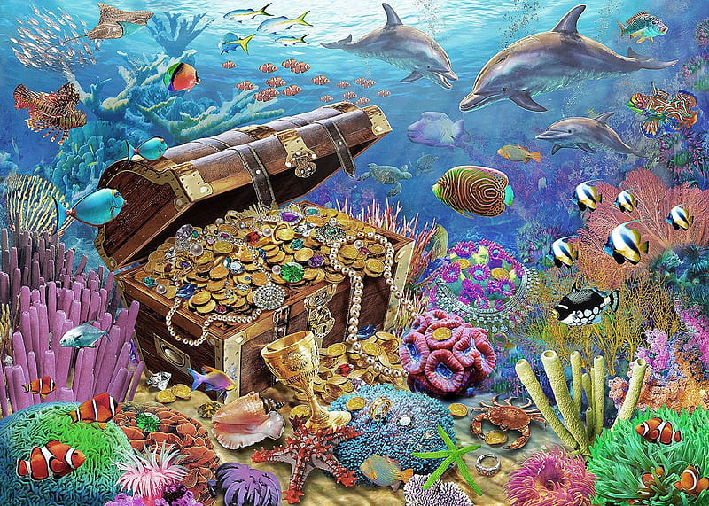 Underwater treasure, chest, fantasy, fish, adrian chesterman, peste, treasure, pink, blue, coral, HD wallpaper