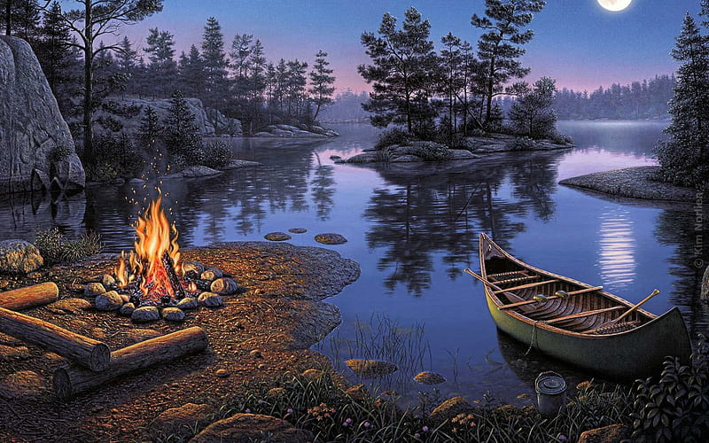 Blue Night, lake, heat, winter, fire, boat, drawing, blue, night, HD wallpaper