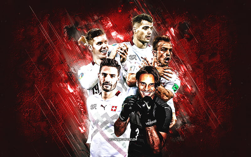 Switzerland national football team, red stone background, Switzerland, football, Xherdan Shaqiri, Granit Xhaka, Yann Sommer, HD wallpaper