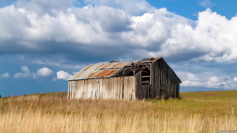 abandoned barn in the plains, fields, plains, clouds, barn, abandoned, HD wallpaper