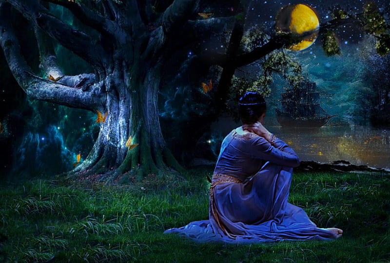 Contemplation, fantasy, back, bonito, digital girl, woman, blue, art, forest, serene, HD wallpaper