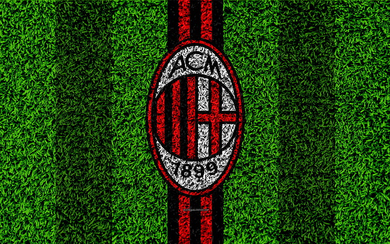 AC Milan logo, football lawn, Italian football club, red black lines, Milan FC emblem, grass texture, Serie A, Milan, Italy, football, Associazione Calcio Milan, HD wallpaper