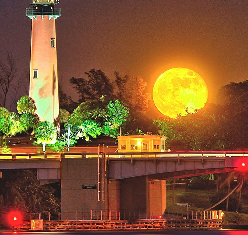 Glowing Moonrise over Jupiter Lighthouse, Florida, Lighthouse, Nature, Florida, Moonrise, HD wallpaper