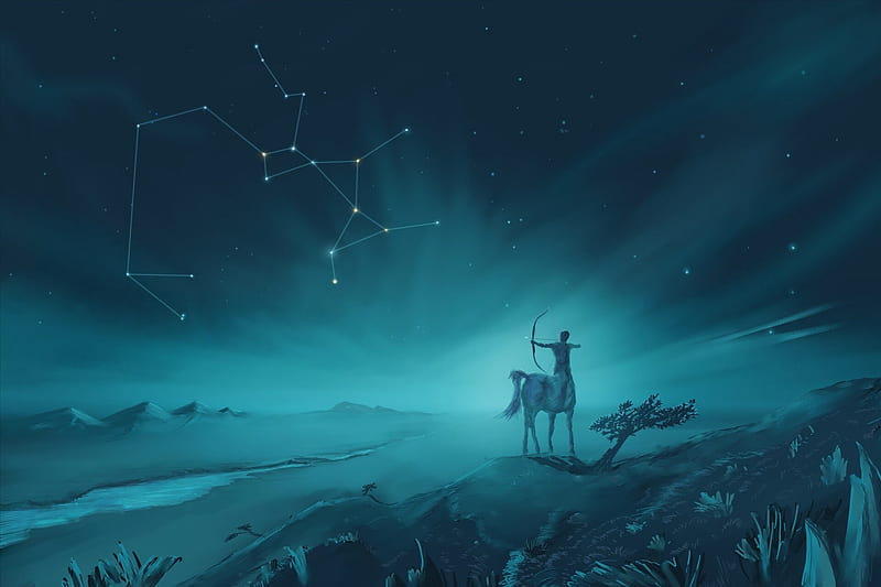 Zodiac ~ Sagittarius, blue, constellation, fantasy, luminos, zodiac, sagittarius, ahmx alromeadheen, HD wallpaper