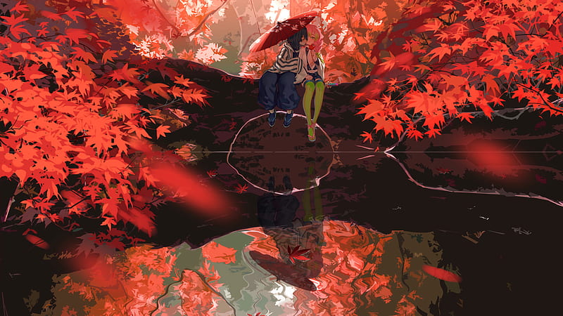 Demon Slayer Mitsuri Kanroji Obanai Iguro Sitting Near Water With Parasol Around Trees With Red Leaves Anime, HD wallpaper