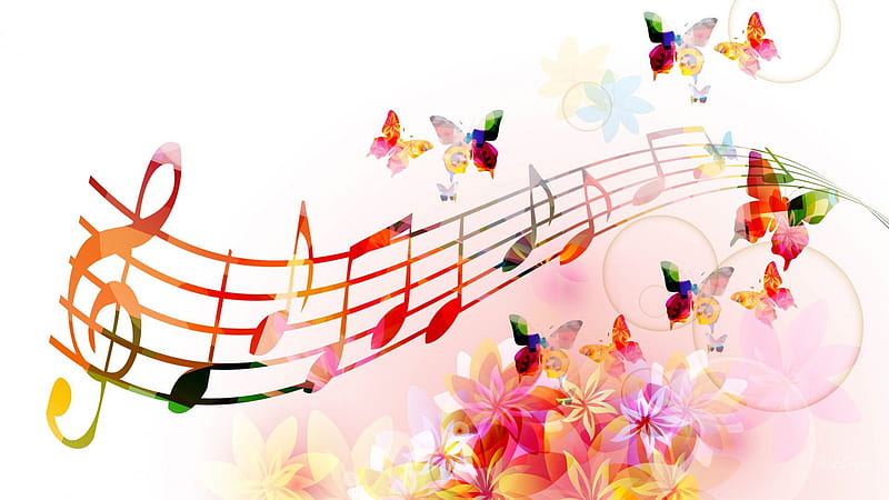 Melody of Butterfly Wings, colorful, floral, play, bright, instruments, bubbles, papillon, flowers, musical notes, sing, musical, blooms, music, butterflies, spring, abstract, song, summer, blossoms, nature, HD wallpaper