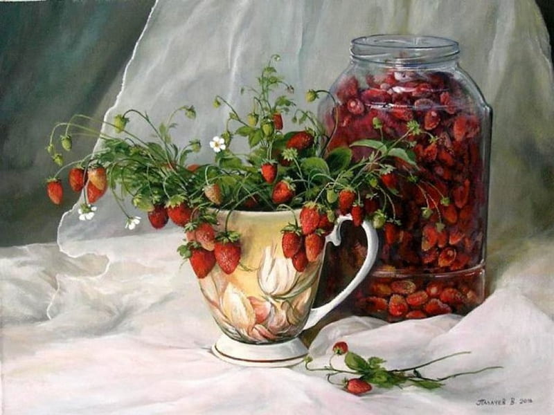 Still Life, wild, jar, strawberries, cup, HD wallpaper