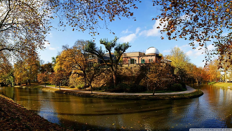 observatory by the river in utrecht, abservatory, autumn, river, trees, HD wallpaper