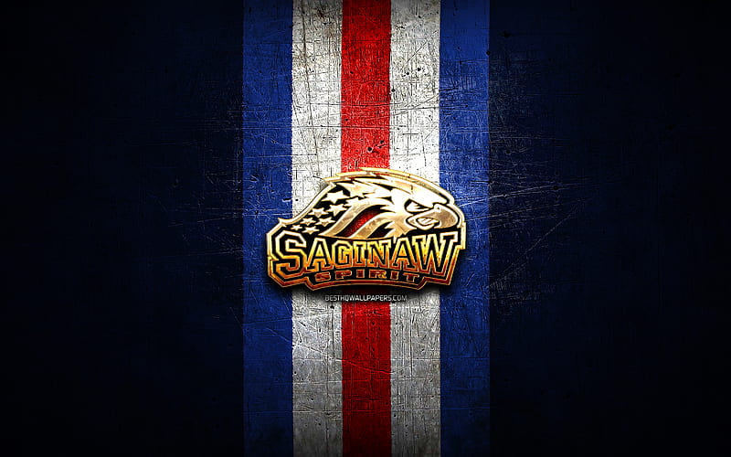 Saginaw Spirit, golden logo, OHL, blue metal background, canadian hockey team, Saginaw Spirit logo, hockey, Canada, HD wallpaper