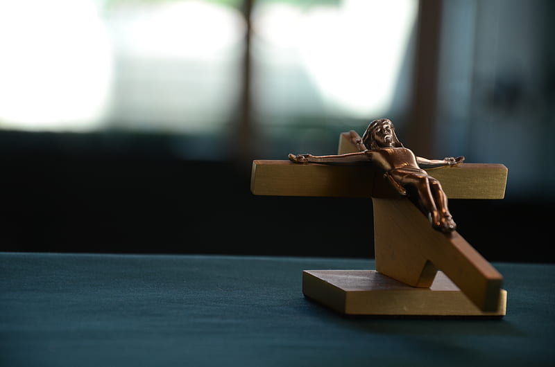 brown wooden crucifixion on blue surface, HD wallpaper