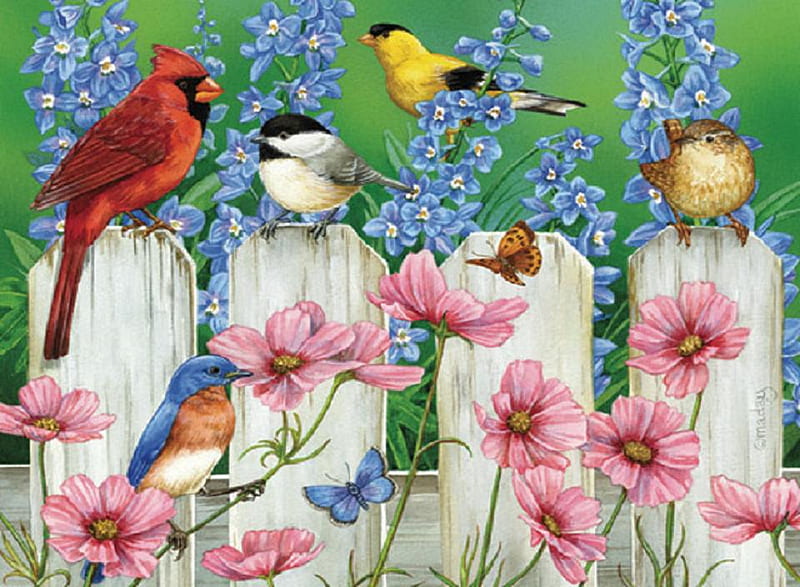 Picket fence pals., flower, fence, spring, bird, HD wallpaper