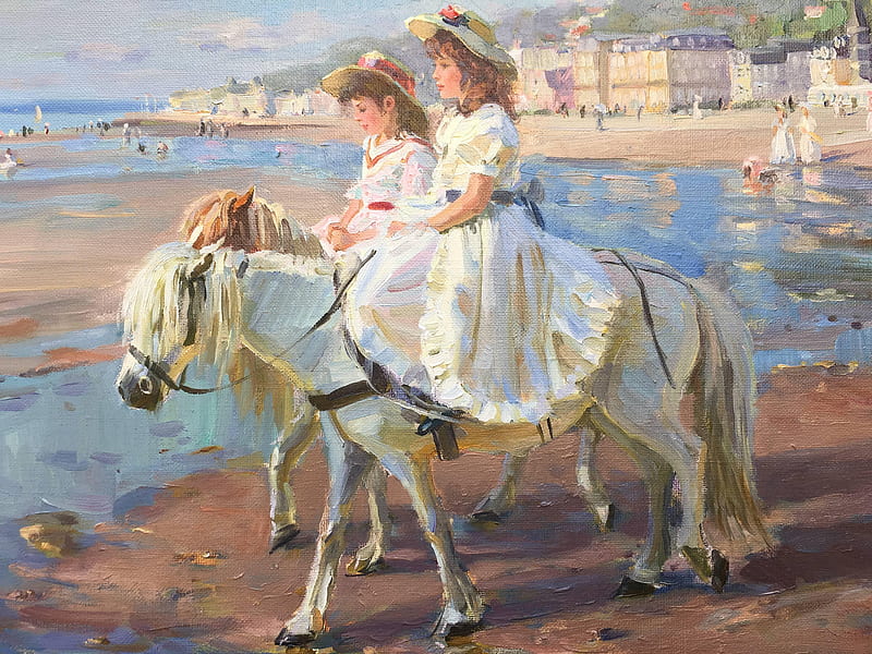 Little girls on ponys, alexander averin, horse, dress, poney, children, beach, vara, girl, pony, summer, painting, pictura, couple, HD wallpaper