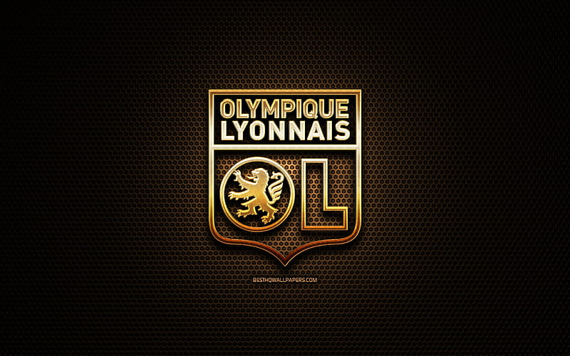 Olympique Lyonnais FC, glitter logo, Ligue 1, french football club, metal grid background, Olympique Lyonnais glitter logo, football, soccer, Lyon FC, France, HD wallpaper