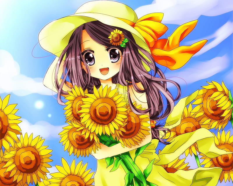 SunFlower, pretty, dress, breeze, yellow, floral, sweet, nice, anime, anime girl, long hair, female, cloud, lovely, brown hair, wind, smile, sky, hat, happy, cute, kawaii, girl, cap, windy, flower, sundress, HD wallpaper