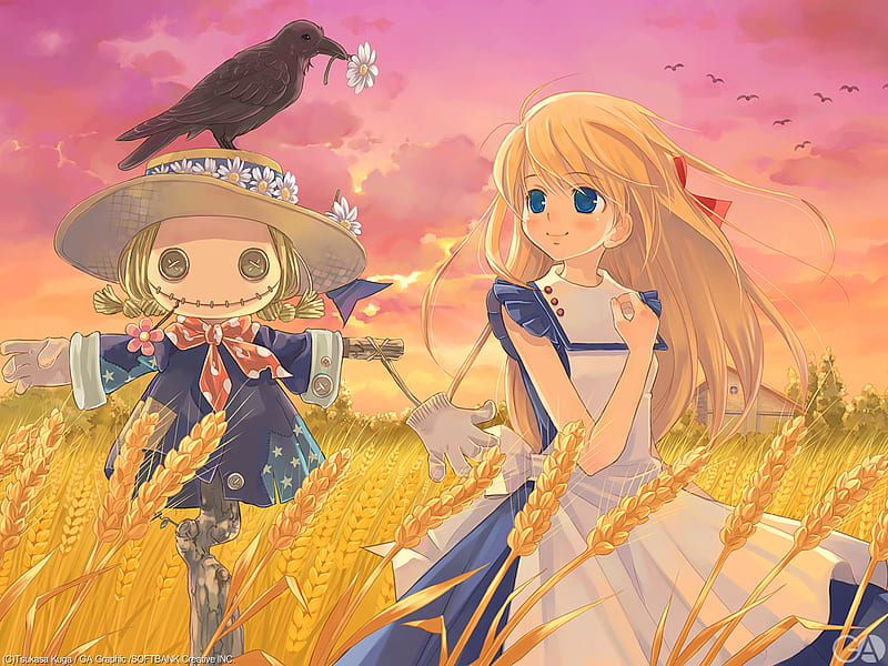 The Scarecrow, female, cloud, yellow, sky, animal, cute, girl, bird, anime, flower, crow, anime girl, field, HD wallpaper