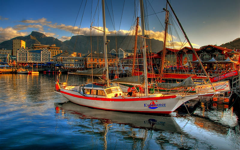 bonito, ships, colorful, cape town, house, sailing, sunny, clouds, sea, boats, boat, beauty, reflection, view, houses, port, buildings, town, colors, waves, sky, south africa, water, ship, harbour, mountains, peaceful, nature, sailboat, sailboats, harbor, landscape, HD wallpaper
