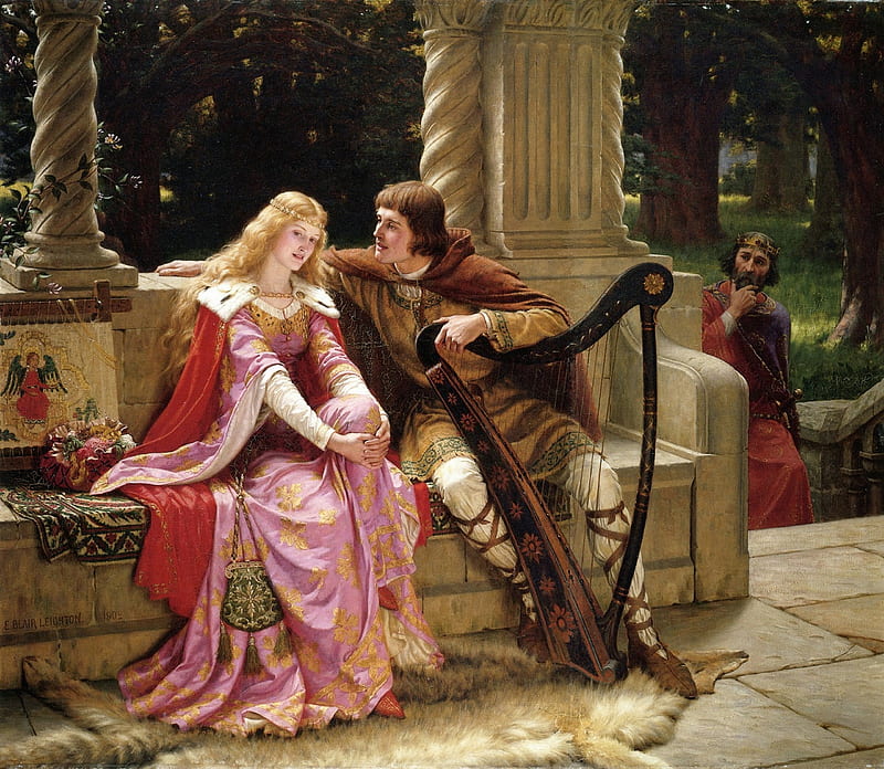 Tristan and Isolde, red, art, lira, man, woman, lovers, edmund blair leighton, instrument, girl, painting, pictura, pink, couple, HD wallpaper
